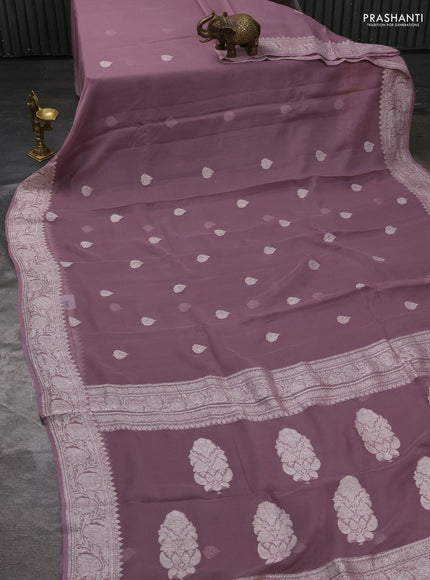 Pure banarasi chiffon silk saree mauve pink with silver zari woven buttas and silver zari woven border