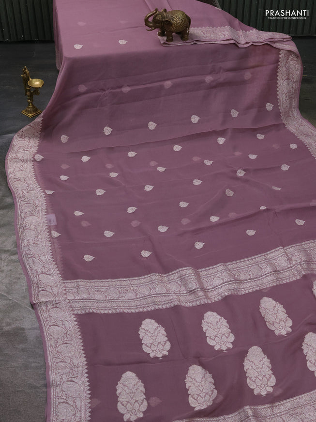 Pure banarasi chiffon silk saree mauve pink with silver zari woven buttas and silver zari woven border