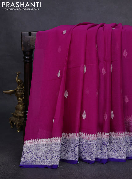 Pure banarasi chiffon silk saree pink and blue with silver zari woven buttas and silver zari woven border