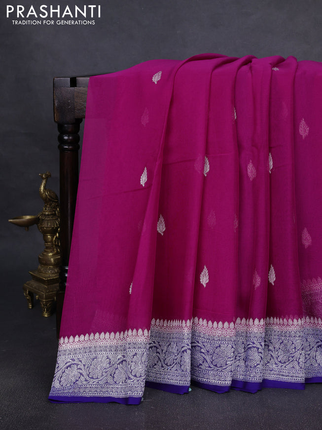 Pure banarasi chiffon silk saree pink and blue with silver zari woven buttas and silver zari woven border