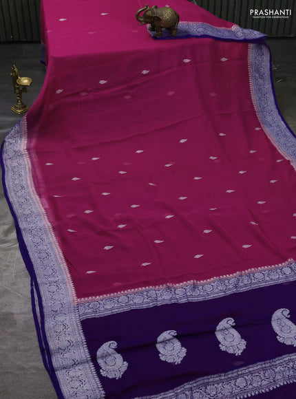 Pure banarasi chiffon silk saree pink and blue with silver zari woven buttas and silver zari woven border