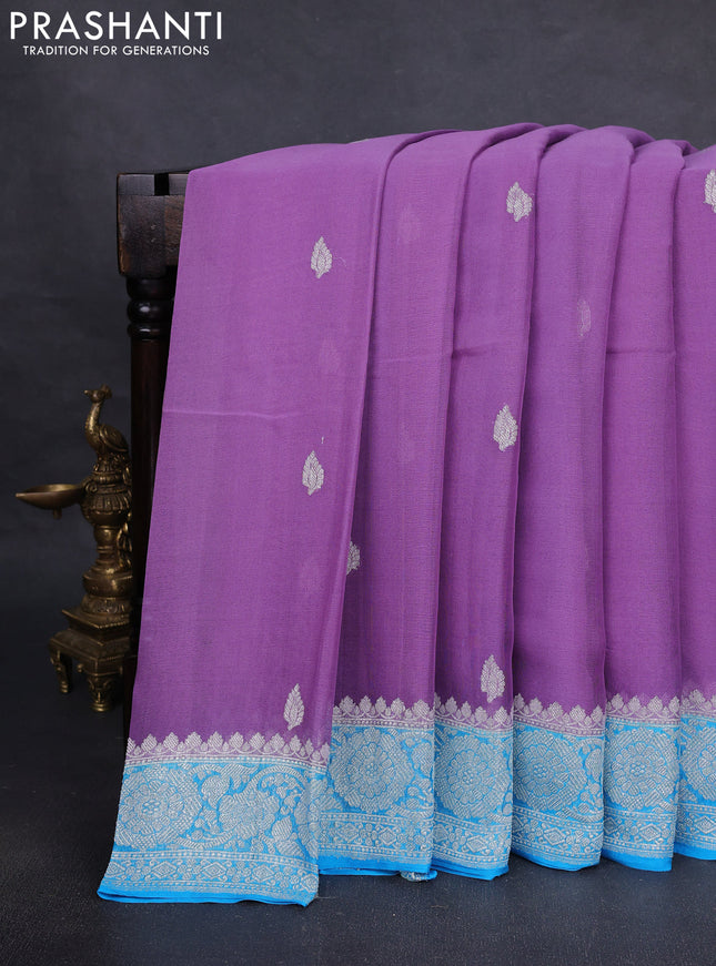 Pure banarasi chiffon silk saree lavender and cs blue with silver zari woven buttas and silver zari woven border