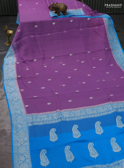 Pure banarasi chiffon silk saree lavender and cs blue with silver zari woven buttas and silver zari woven border