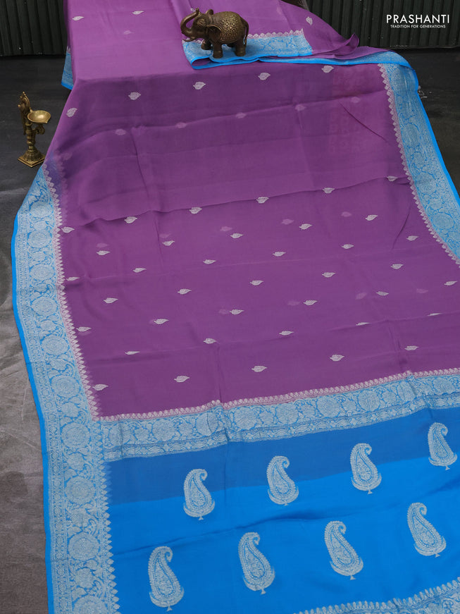 Pure banarasi chiffon silk saree lavender and cs blue with silver zari woven buttas and silver zari woven border