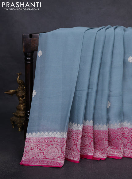 Pure banarasi chiffon silk saree grey and pink with silver zari woven buttas and silver zari woven border