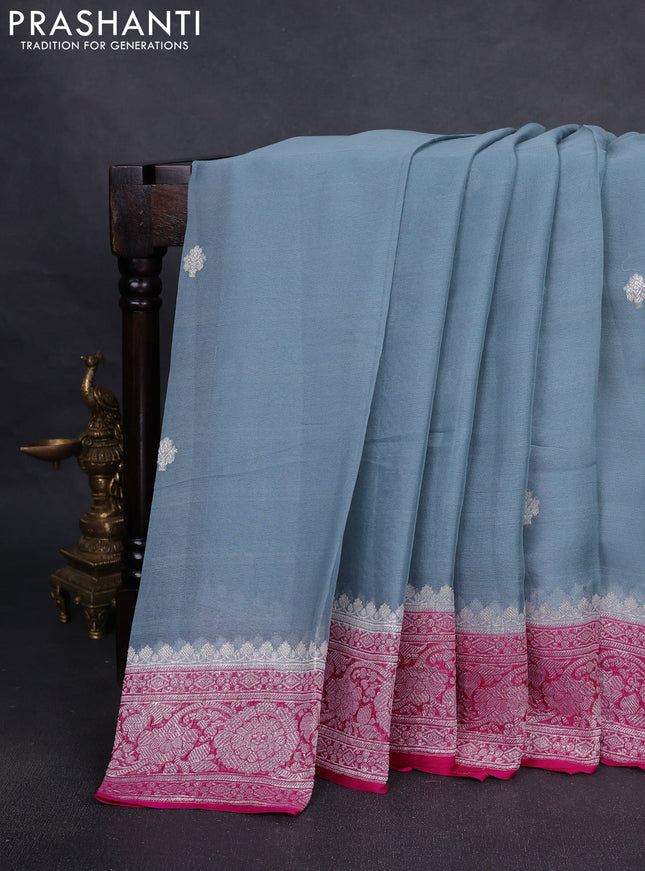 Pure banarasi chiffon silk saree grey and pink with silver zari woven buttas and silver zari woven border