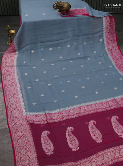 Pure banarasi chiffon silk saree grey and pink with silver zari woven buttas and silver zari woven border