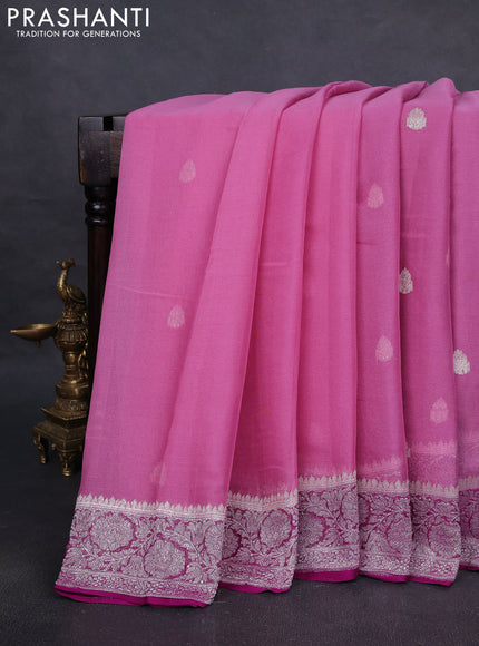 Pure banarasi chiffon silk saree light pink and purple with silver zari woven buttas and silver zari woven border