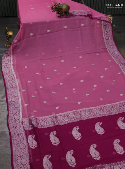 Pure banarasi chiffon silk saree light pink and purple with silver zari woven buttas and silver zari woven border