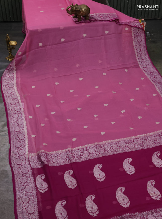 Pure banarasi chiffon silk saree light pink and purple with silver zari woven buttas and silver zari woven border