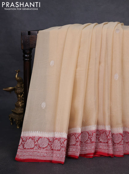 Pure banarasi chiffon silk saree sandal and red with silver zari woven buttas and silver zari woven border