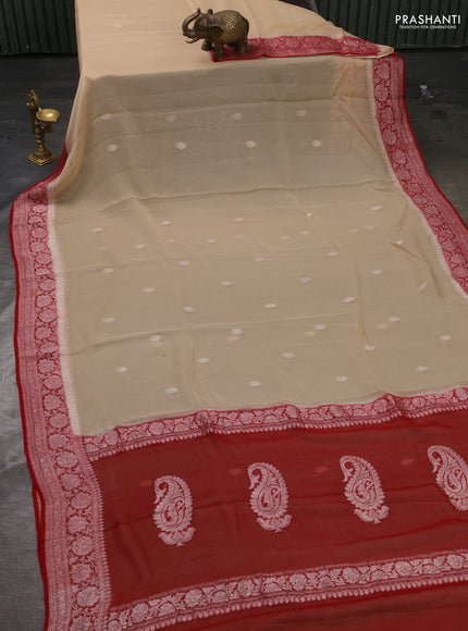 Pure banarasi chiffon silk saree sandal and red with silver zari woven buttas and silver zari woven border