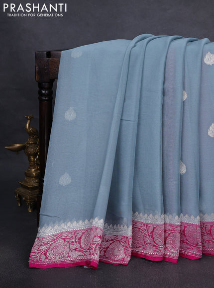 Pure banarasi chiffon silk saree grey and pink with silver zari woven buttas and silver zari woven border