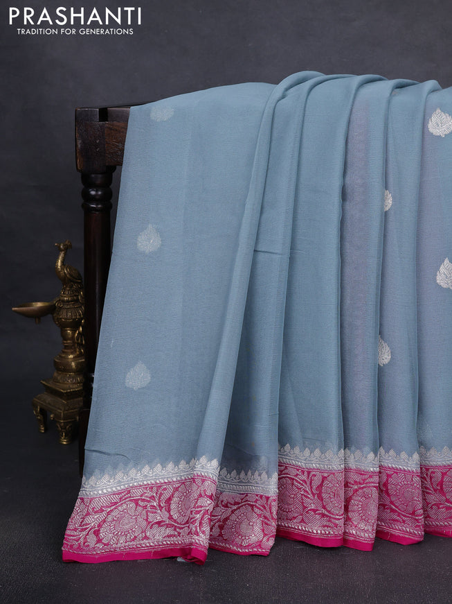 Pure banarasi chiffon silk saree grey and pink with silver zari woven buttas and silver zari woven border