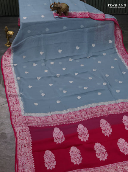 Pure banarasi chiffon silk saree grey and pink with silver zari woven buttas and silver zari woven border