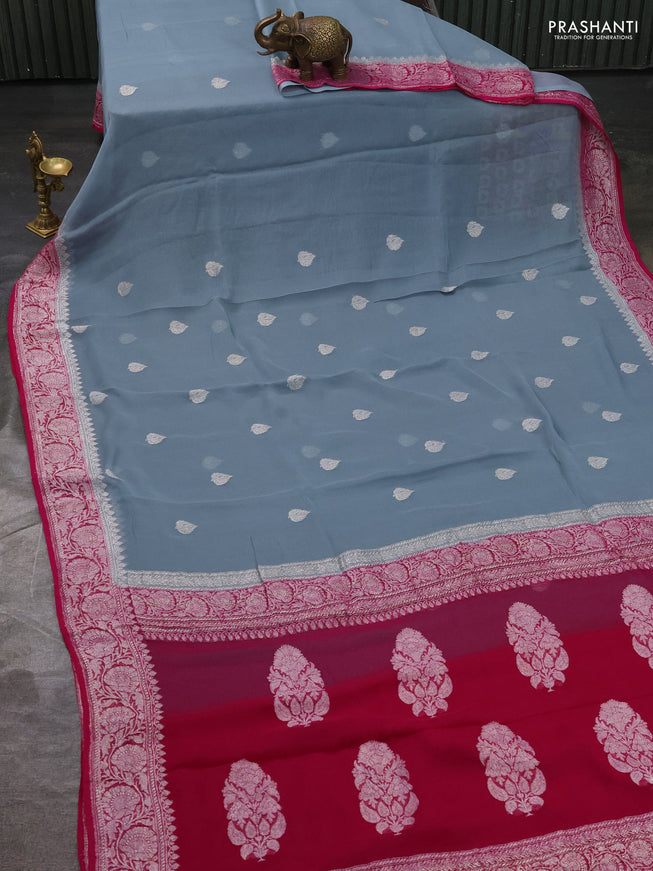 Pure banarasi chiffon silk saree grey and pink with silver zari woven buttas and silver zari woven border