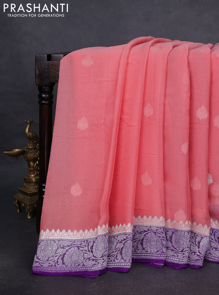 Pure banarasi chiffon silk saree peach shade and violet with silver zari woven buttas and silver zari woven border