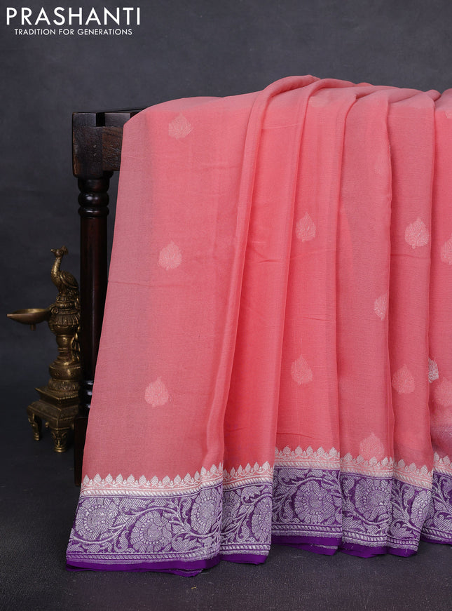 Pure banarasi chiffon silk saree peach shade and violet with silver zari woven buttas and silver zari woven border