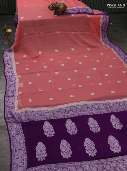 Pure banarasi chiffon silk saree peach shade and violet with silver zari woven buttas and silver zari woven border