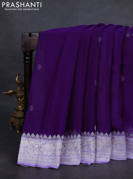 Pure banarasi chiffon silk saree violet and lavender with silver zari woven buttas and silver zari woven border