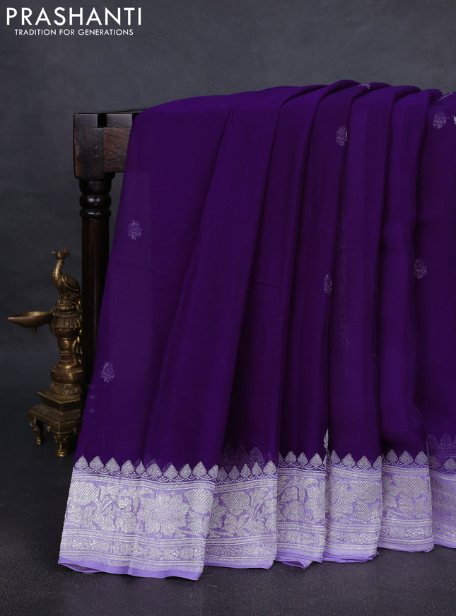 Pure banarasi chiffon silk saree violet and lavender with silver zari woven buttas and silver zari woven border