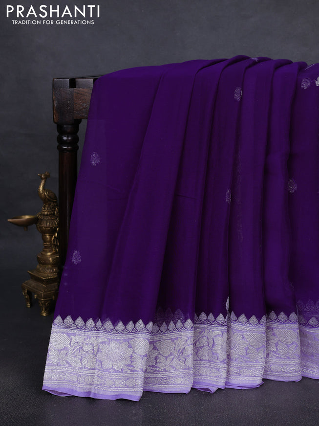 Pure banarasi chiffon silk saree violet and lavender with silver zari woven buttas and silver zari woven border