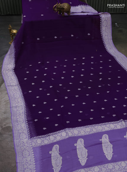 Pure banarasi chiffon silk saree violet and lavender with silver zari woven buttas and silver zari woven border