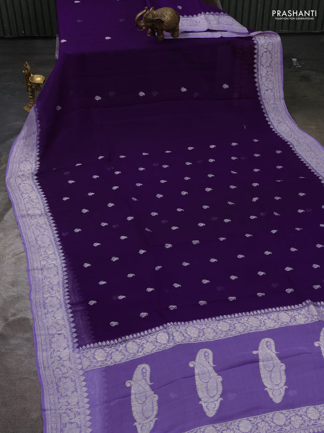 Pure banarasi chiffon silk saree violet and lavender with silver zari woven buttas and silver zari woven border