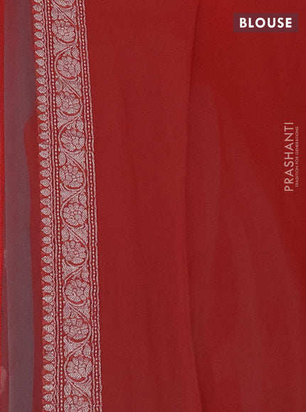 Pure banarasi chiffon silk saree teal blue and peach orange with silver zari woven buttas and silver zari woven border