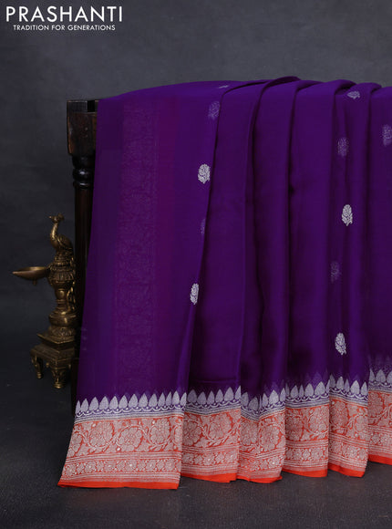 Pure banarasi chiffon silk saree purple and orange with silver zari woven buttas and silver zari woven border