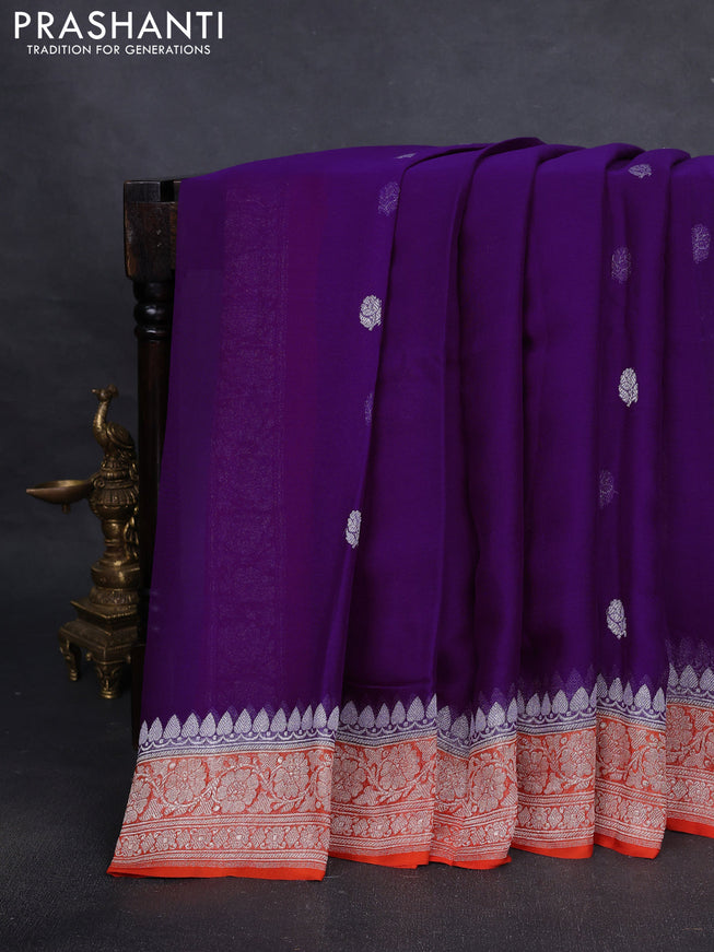 Pure banarasi chiffon silk saree purple and orange with silver zari woven buttas and silver zari woven border
