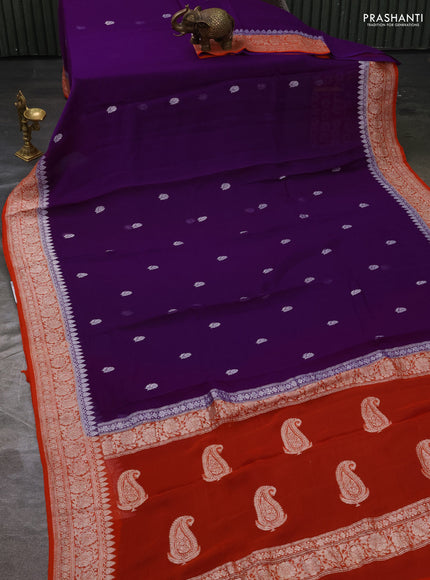 Pure banarasi chiffon silk saree purple and orange with silver zari woven buttas and silver zari woven border