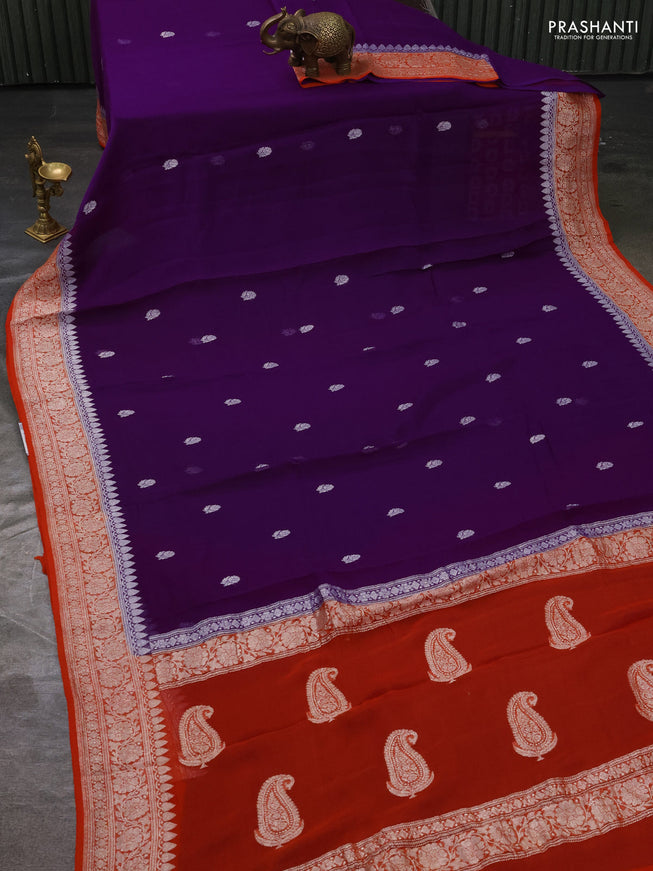 Pure banarasi chiffon silk saree purple and orange with silver zari woven buttas and silver zari woven border