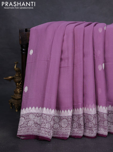 Pure banarasi chiffon silk saree mauve pink and wine shade with silver zari woven buttas and silver zari woven border