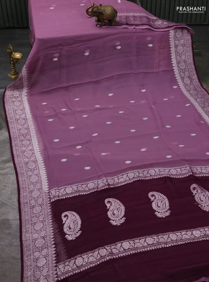 Pure banarasi chiffon silk saree mauve pink and wine shade with silver zari woven buttas and silver zari woven border