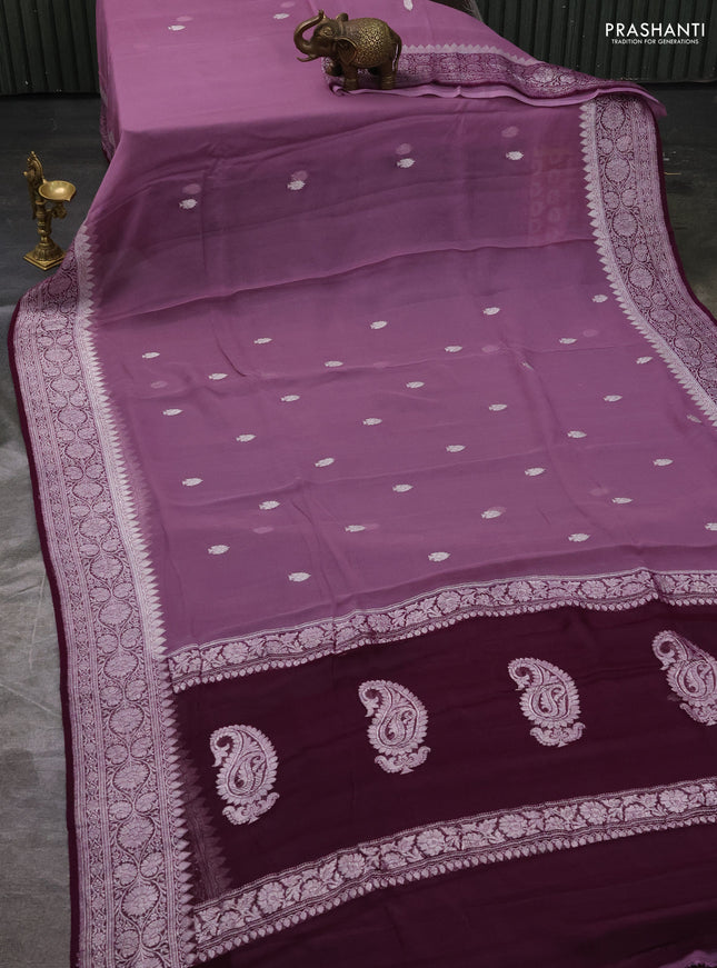 Pure banarasi chiffon silk saree mauve pink and wine shade with silver zari woven buttas and silver zari woven border