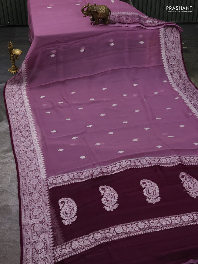 Pure banarasi chiffon silk saree mauve pink and wine shade with silver zari woven buttas and silver zari woven border