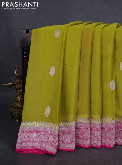 Pure banarasi chiffon silk saree lime green and pink with silver zari woven buttas and silver zari woven border