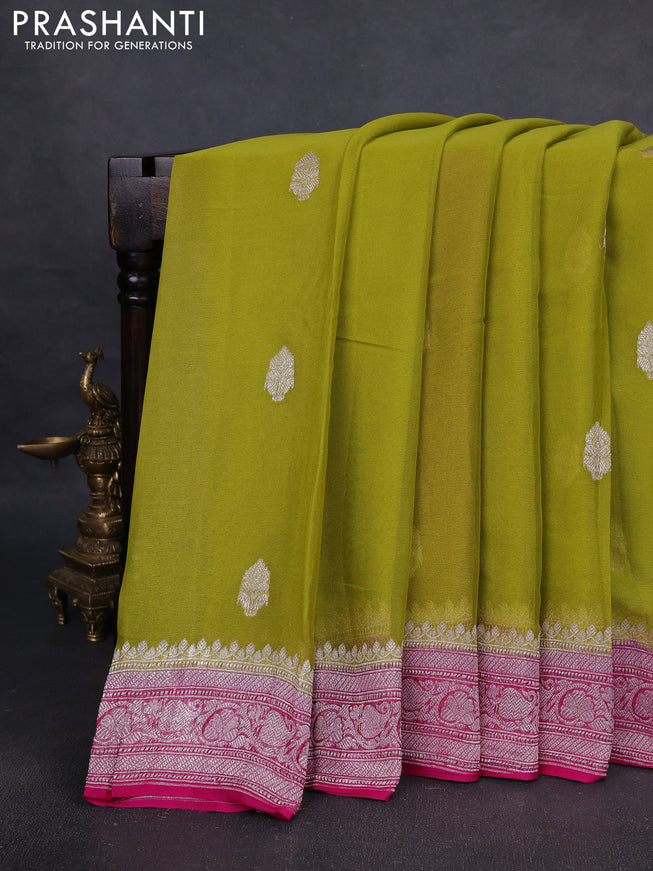 Pure banarasi chiffon silk saree lime green and pink with silver zari woven buttas and silver zari woven border