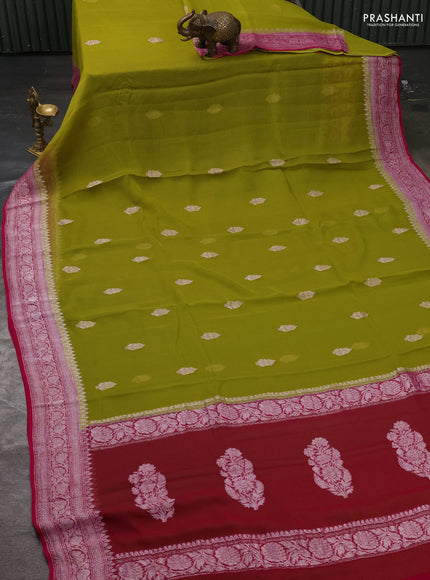 Pure banarasi chiffon silk saree lime green and pink with silver zari woven buttas and silver zari woven border