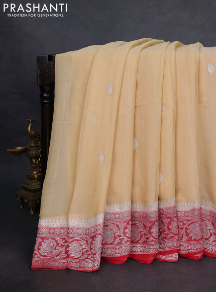 Pure banarasi chiffon silk saree sandal and red with silver zari woven buttas and silver zari woven border