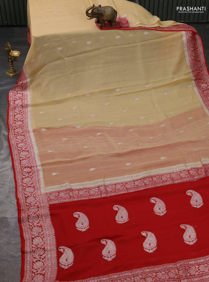 Pure banarasi chiffon silk saree sandal and red with silver zari woven buttas and silver zari woven border