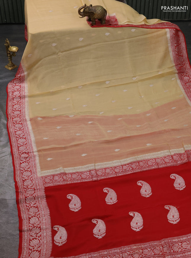 Pure banarasi chiffon silk saree sandal and red with silver zari woven buttas and silver zari woven border