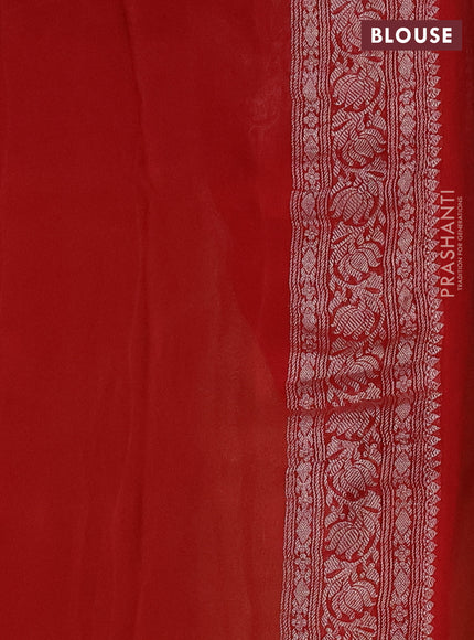Pure banarasi chiffon silk saree sandal and red with silver zari woven buttas and silver zari woven border
