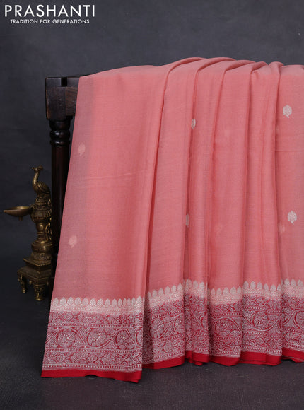 Pure banarasi chiffon silk saree peach shade and red with silver zari woven buttas and silver zari woven border