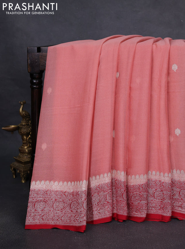 Pure banarasi chiffon silk saree peach shade and red with silver zari woven buttas and silver zari woven border