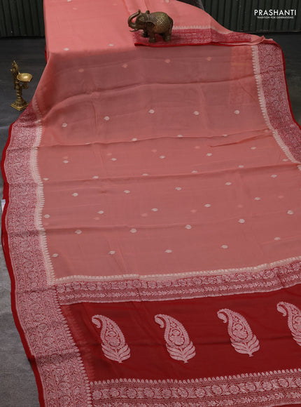 Pure banarasi chiffon silk saree peach shade and red with silver zari woven buttas and silver zari woven border