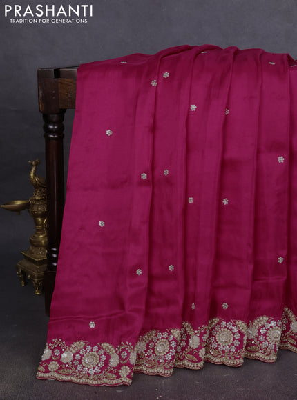 Crepe saree pink with beaded work and embroidery pallu
