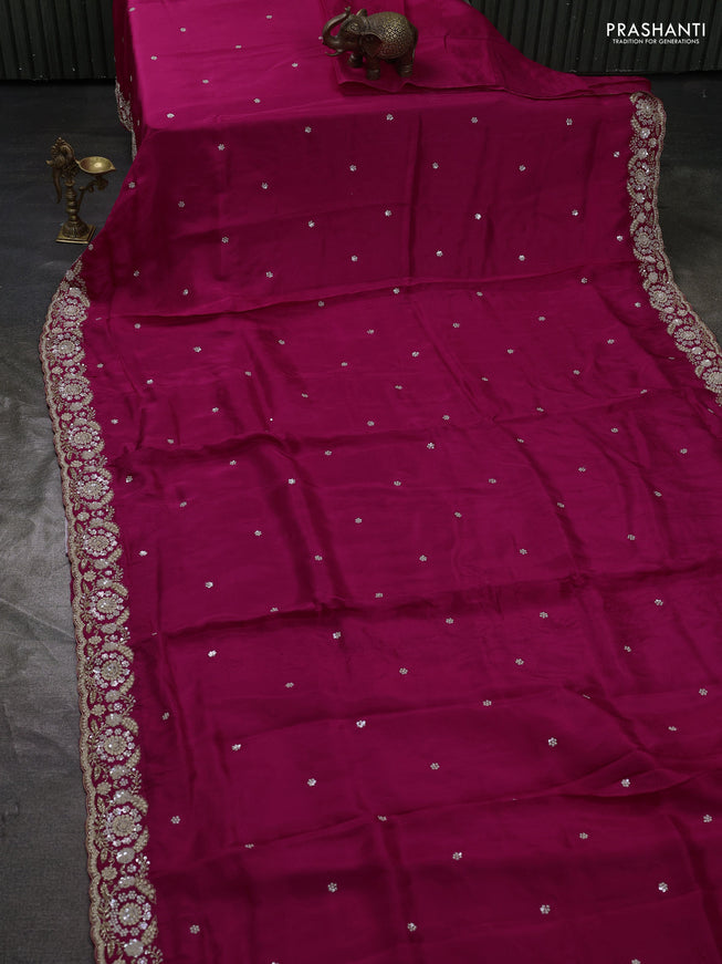 Crepe saree pink with beaded work and embroidery pallu