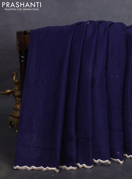 Crepe saree blue with plain body and embroidery pallu
